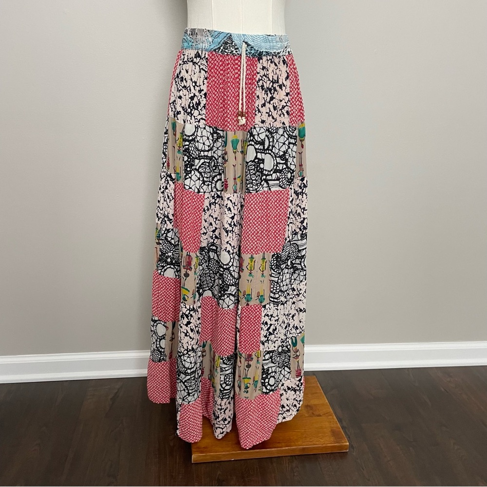 Vintage Maxi Skirt Patchwork People Fashion Abstract Geometric Red Black White